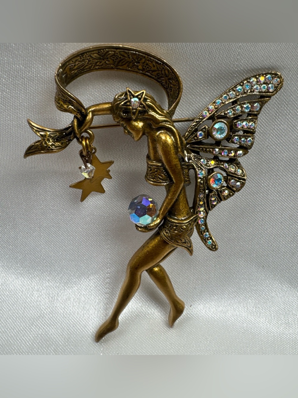 “Vintage Kirk’s Folly Fairy Brooch Pin AB Rhinestone Crystal Ball Gold Tone